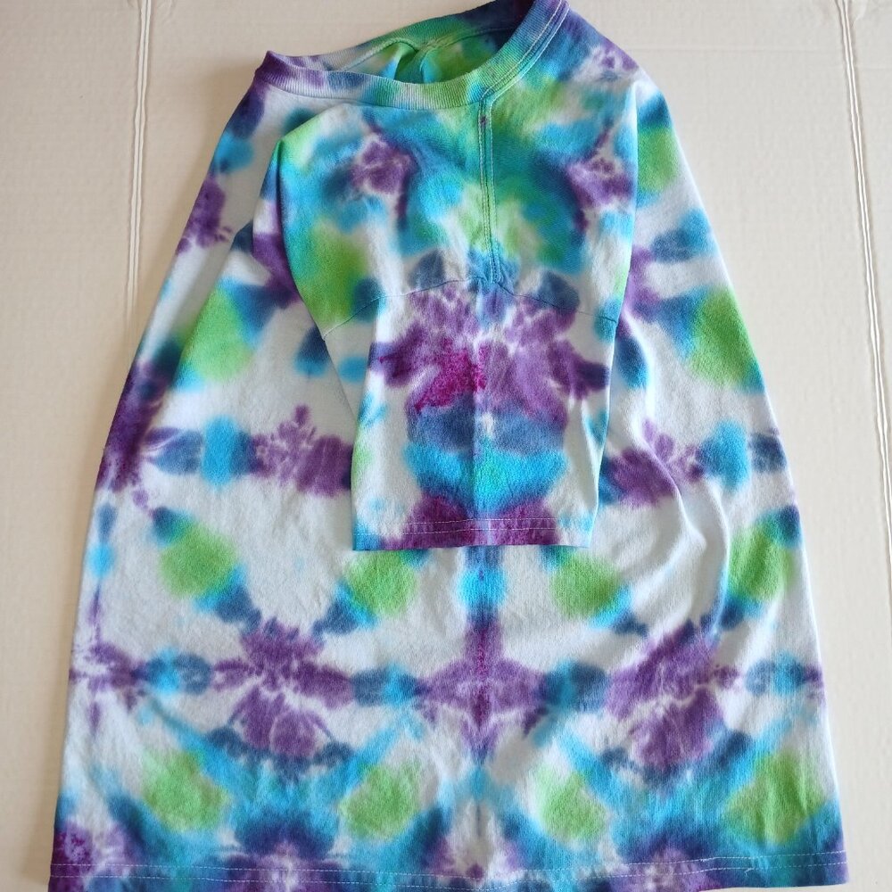 Tie Dye T-Shirt with Abstract Pattern in Green Blue Purple Short Sleeved Kids L - Picture 13 of 13